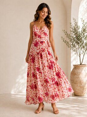 Lulus Womens Size S Pink Floral Wrap Midi Dress Ruffle Sleeveless NWT